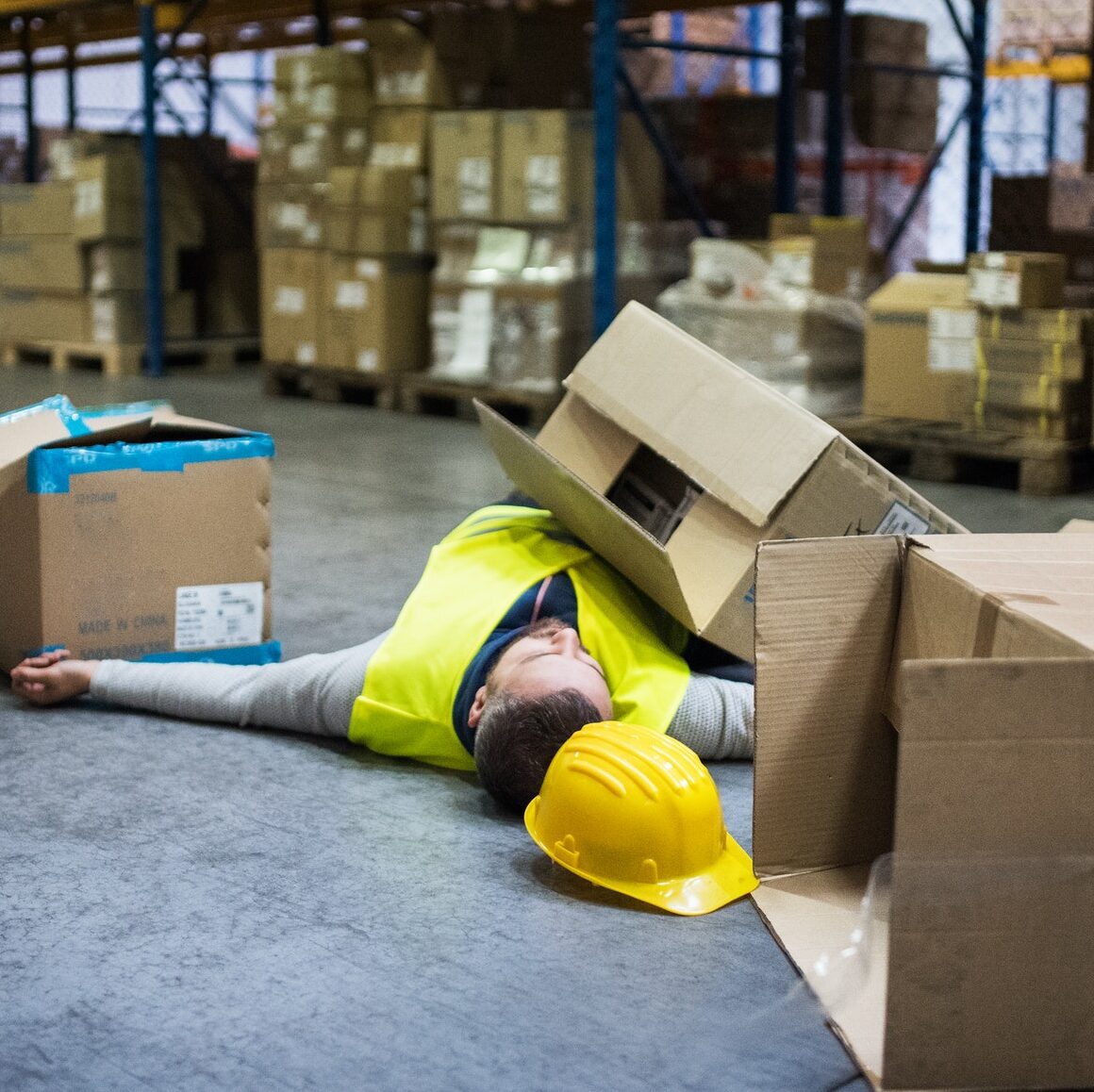 Warehouse worker after an accident in a warehouse.